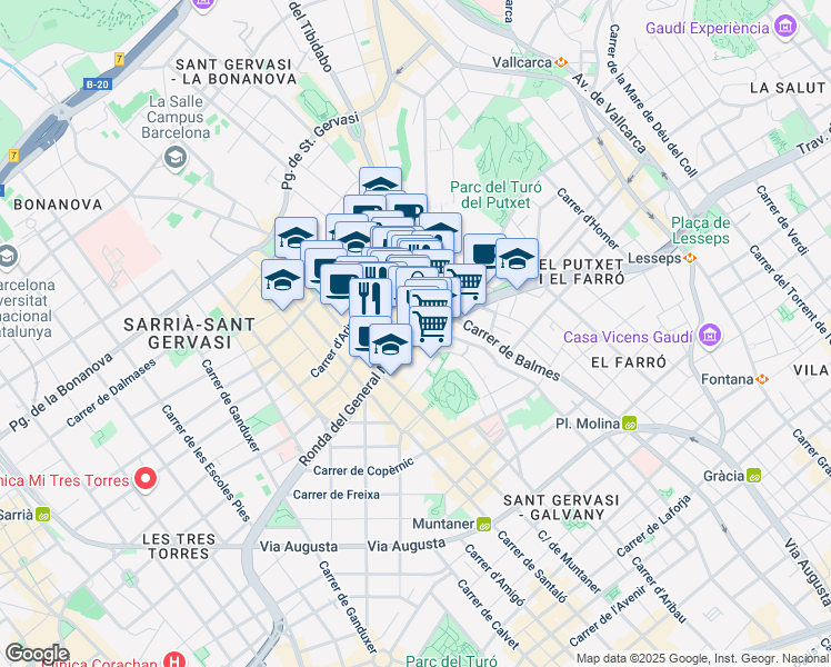 map of restaurants, bars, coffee shops, grocery stores, and more near 151 Ronda del General Mitre in Barcelona