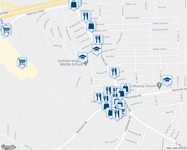 map of restaurants, bars, coffee shops, grocery stores, and more near 12116 Thraves Road in Cleveland