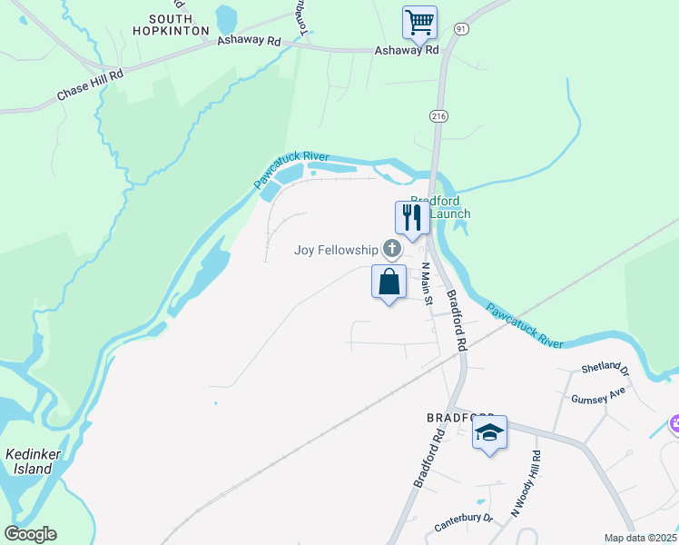 map of restaurants, bars, coffee shops, grocery stores, and more near 41 Bowling Lane in Westerly