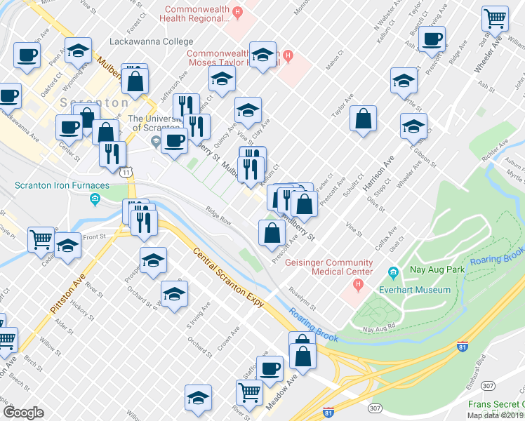 map of restaurants, bars, coffee shops, grocery stores, and more near 329 Taylor Avenue in Scranton