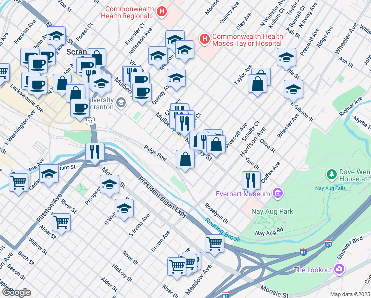 map of restaurants, bars, coffee shops, grocery stores, and more near 329 Taylor Avenue in Scranton