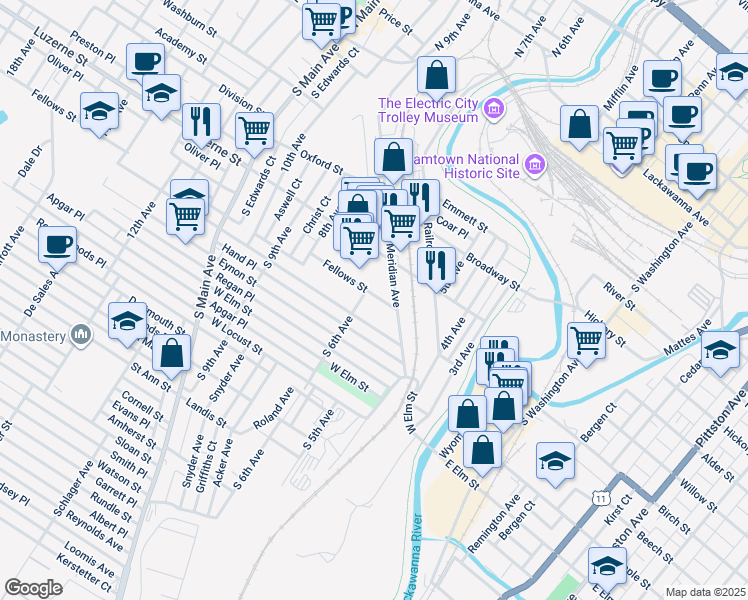 map of restaurants, bars, coffee shops, grocery stores, and more near 600-624 Fellows Street in Scranton