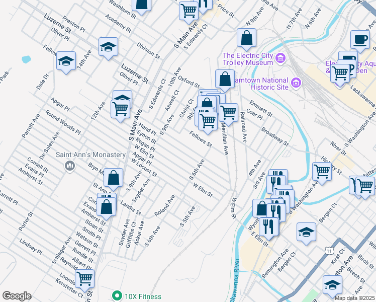 map of restaurants, bars, coffee shops, grocery stores, and more near 708 Hampton Street in Scranton