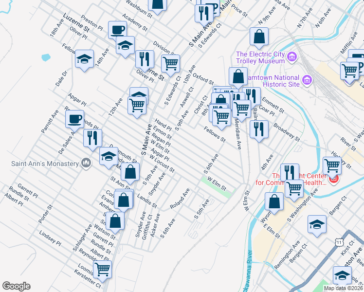 map of restaurants, bars, coffee shops, grocery stores, and more near 801 Hampton Street in Scranton