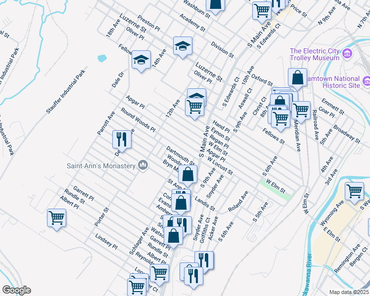 map of restaurants, bars, coffee shops, grocery stores, and more near 1131 West Locust Street in Scranton
