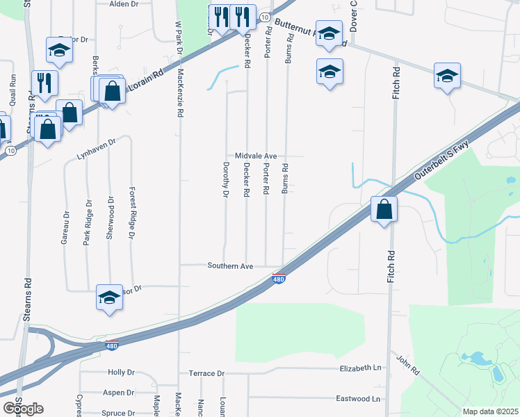 map of restaurants, bars, coffee shops, grocery stores, and more near 5907 Porter Road in North Olmsted
