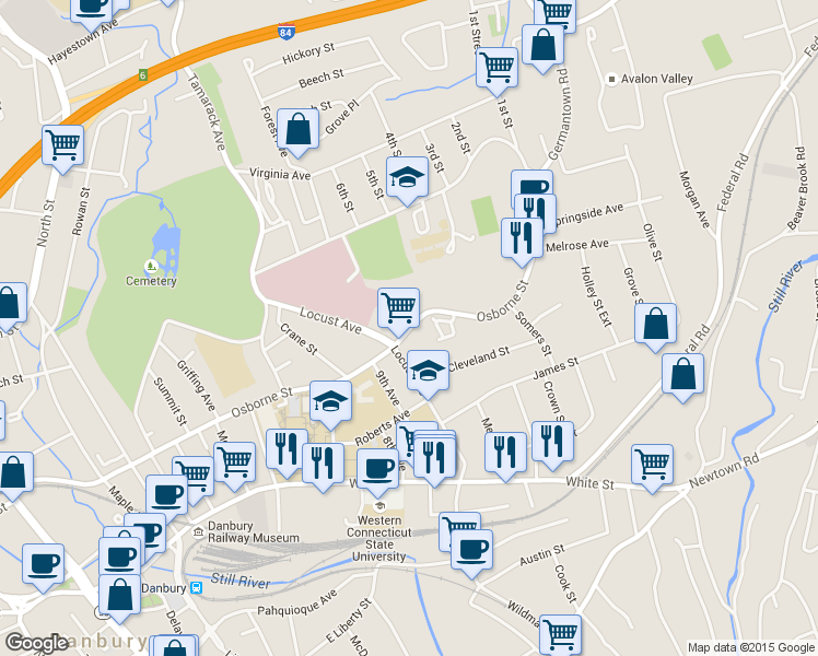 map of restaurants, bars, coffee shops, grocery stores, and more near 120 Osborne Street in Danbury