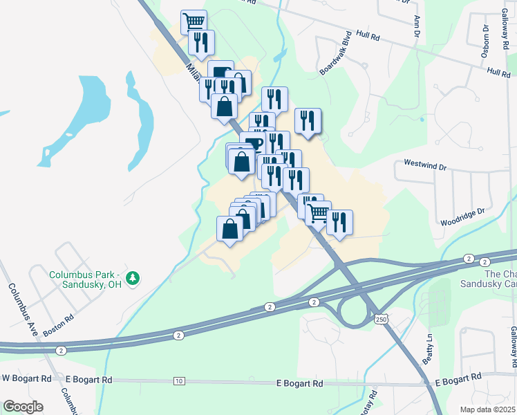 map of restaurants, bars, coffee shops, grocery stores, and more near 815 Crossings Road in Sandusky