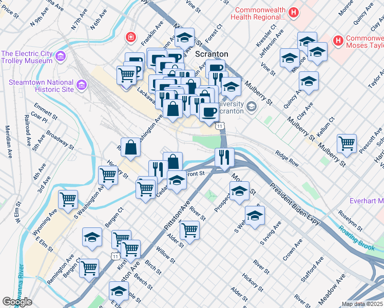 map of restaurants, bars, coffee shops, grocery stores, and more near 159 Cedar Avenue in Scranton