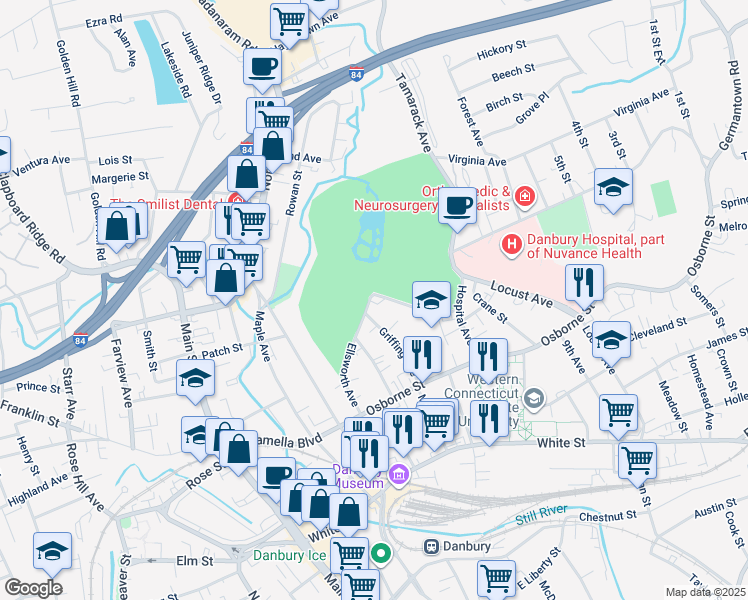 map of restaurants, bars, coffee shops, grocery stores, and more near 45 Ellsworth Avenue in Danbury