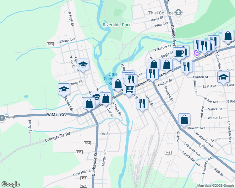 map of restaurants, bars, coffee shops, grocery stores, and more near 106 Main Street in Greenville