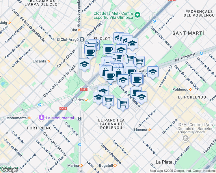 map of restaurants, bars, coffee shops, grocery stores, and more near 199 Avinguda Diagonal in Barcelona