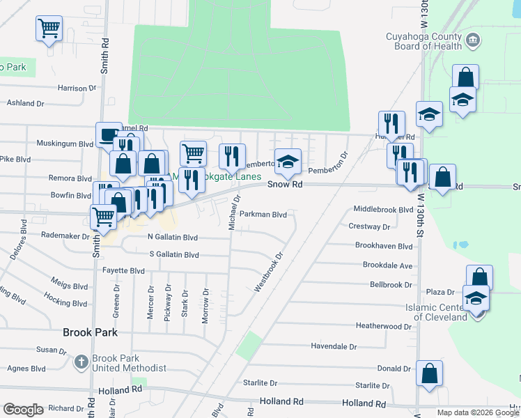 map of restaurants, bars, coffee shops, grocery stores, and more near 14246 Parkman Boulevard in Brook Park