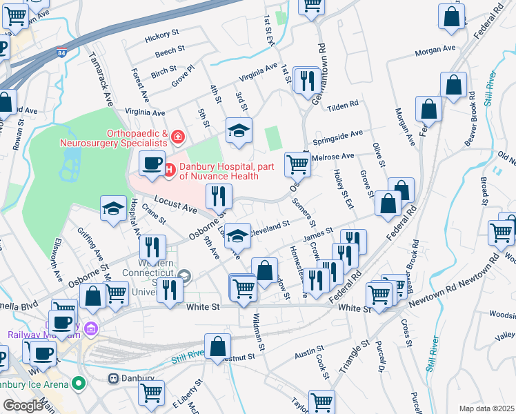 map of restaurants, bars, coffee shops, grocery stores, and more near 128 Osborne Street in Danbury