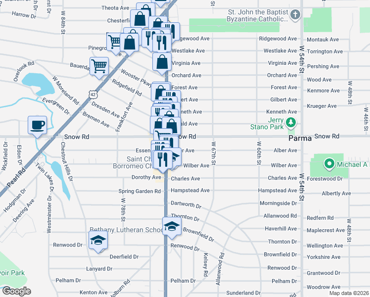 map of restaurants, bars, coffee shops, grocery stores, and more near 7115 Snow Road in Parma