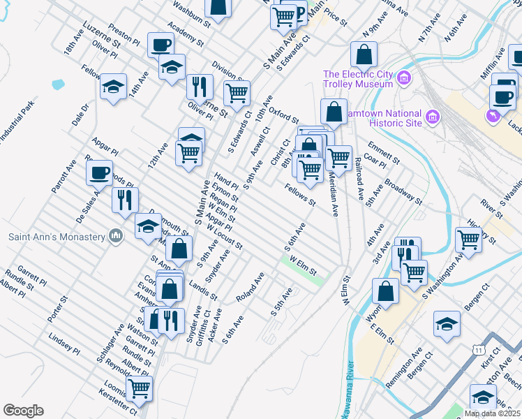 map of restaurants, bars, coffee shops, grocery stores, and more near 801 Hampton Street in Scranton