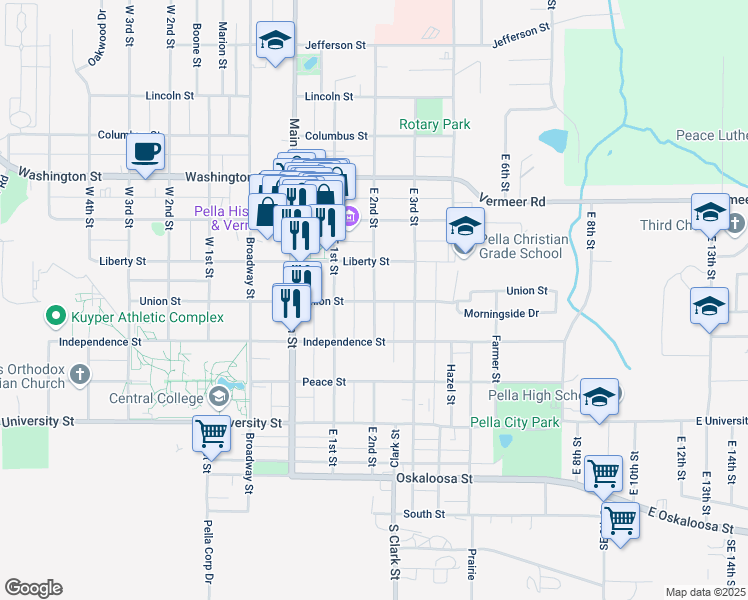 map of restaurants, bars, coffee shops, grocery stores, and more near 605 East 2nd Street in Pella