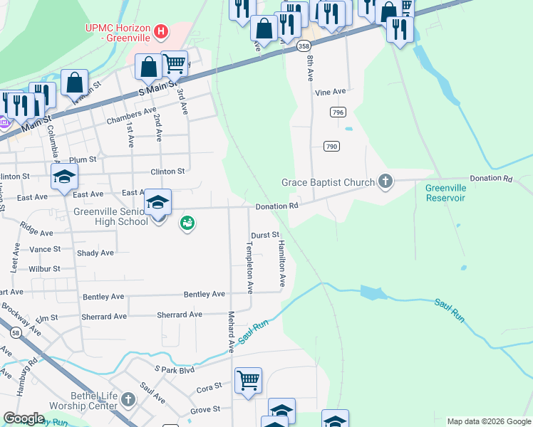 map of restaurants, bars, coffee shops, grocery stores, and more near 51 Donation Road in Greenville
