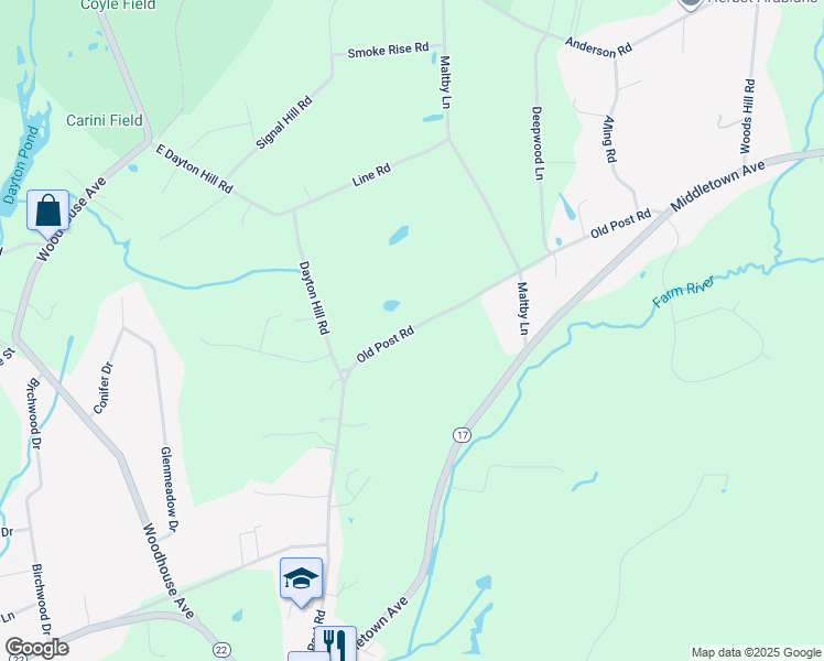 map of restaurants, bars, coffee shops, grocery stores, and more near Old Post Road in Northford