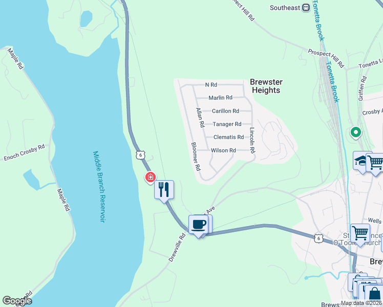 map of restaurants, bars, coffee shops, grocery stores, and more near 45 Bloomer Road in Brewster