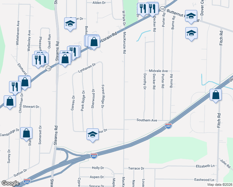 map of restaurants, bars, coffee shops, grocery stores, and more near 5872 MacKenzie Road in North Olmsted