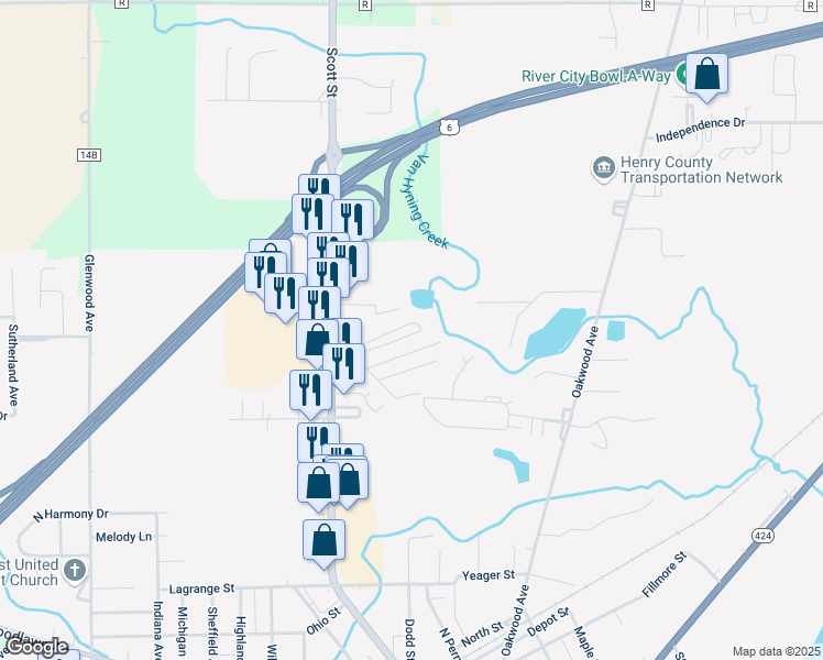map of restaurants, bars, coffee shops, grocery stores, and more near 82 Valleybrook Lane in Napoleon