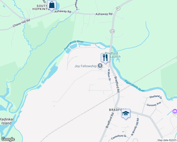 map of restaurants, bars, coffee shops, grocery stores, and more near 41 Bowling Lane in Westerly