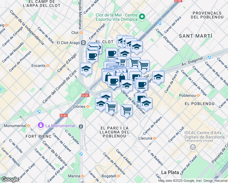 map of restaurants, bars, coffee shops, grocery stores, and more near 197 Avinguda Diagonal in Barcelona