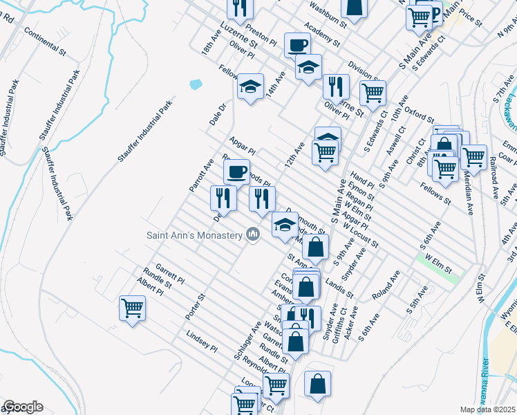 map of restaurants, bars, coffee shops, grocery stores, and more near 1330 Bryn Mawr Street in Scranton