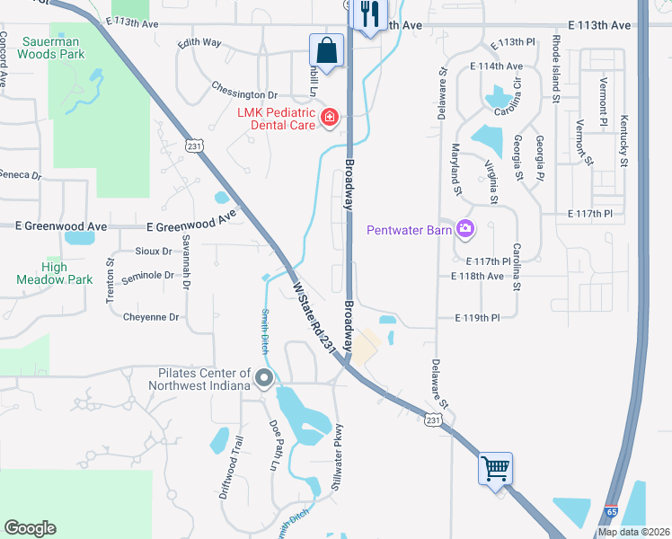 map of restaurants, bars, coffee shops, grocery stores, and more near 11800 Broadway in Crown Point