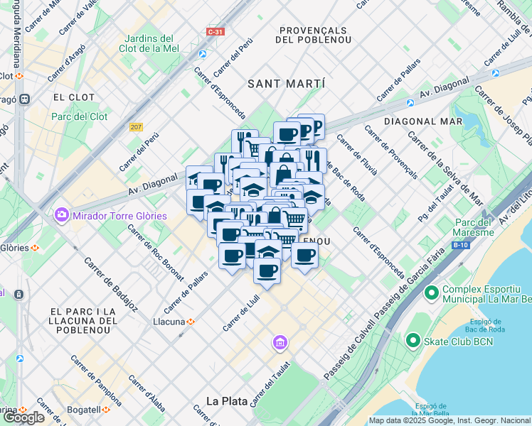 map of restaurants, bars, coffee shops, grocery stores, and more near Carrer de Pallars in Barcelona