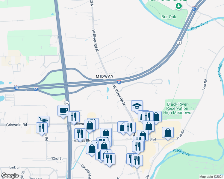 map of restaurants, bars, coffee shops, grocery stores, and more near 2306 West River Road North in Elyria