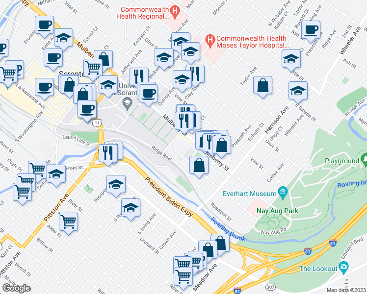 map of restaurants, bars, coffee shops, grocery stores, and more near 313 Taylor Avenue in Scranton