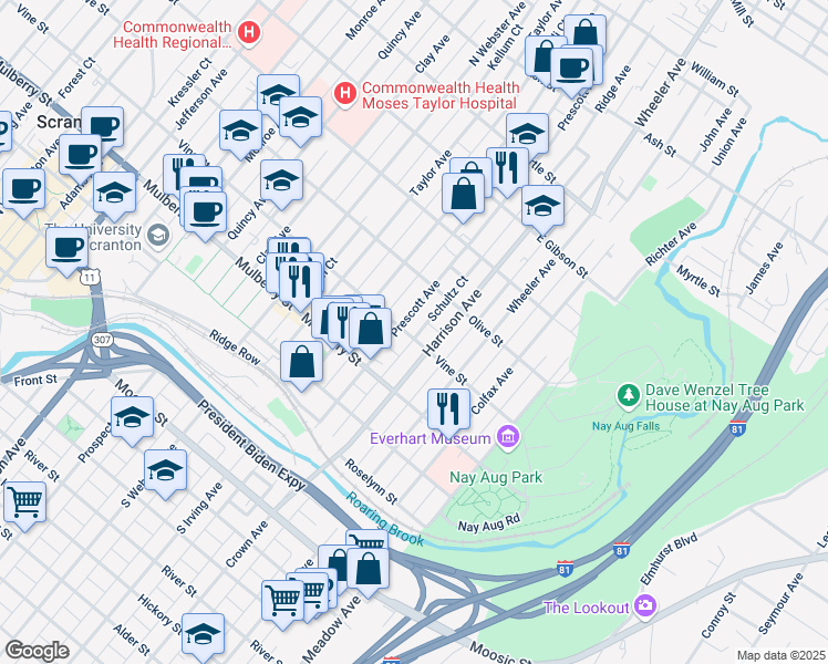map of restaurants, bars, coffee shops, grocery stores, and more near 508 Prescott Avenue in Scranton