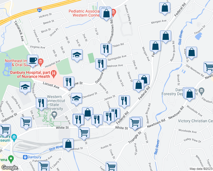 map of restaurants, bars, coffee shops, grocery stores, and more near 19 Somers Street in Danbury