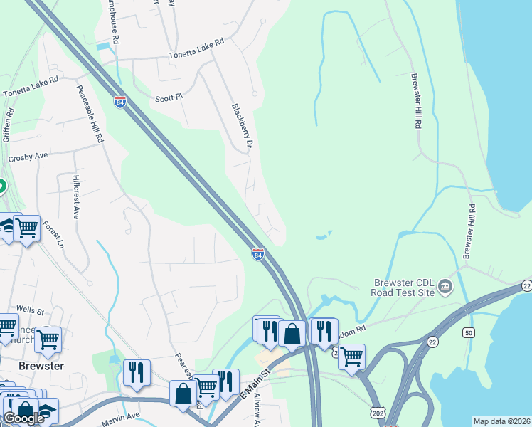 map of restaurants, bars, coffee shops, grocery stores, and more near 1501 Village Drive in Brewster
