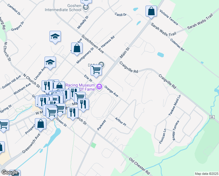 map of restaurants, bars, coffee shops, grocery stores, and more near 13 Orange Avenue in Goshen