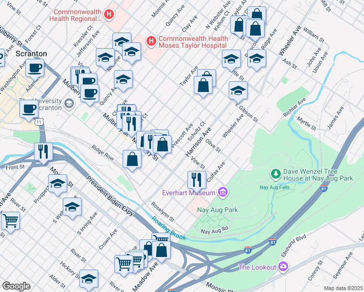 map of restaurants, bars, coffee shops, grocery stores, and more near 508 Prescott Avenue in Scranton