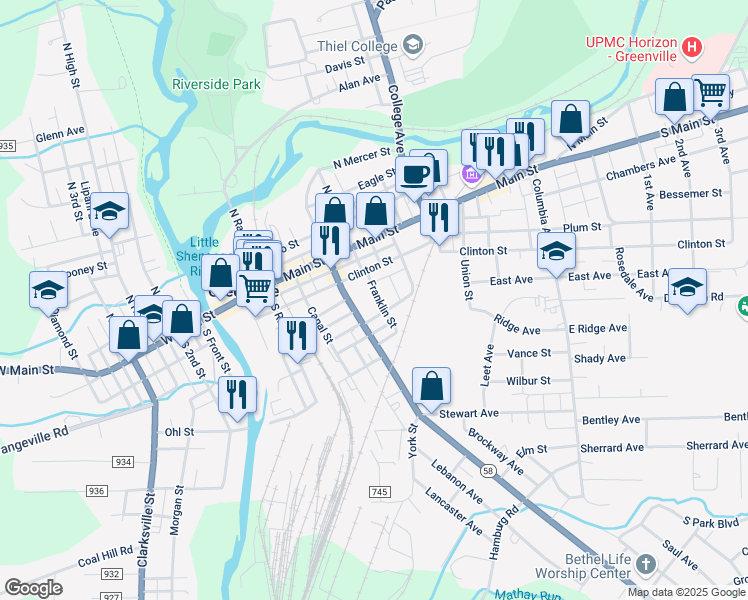 map of restaurants, bars, coffee shops, grocery stores, and more near 11 Franklin Street in Greenville