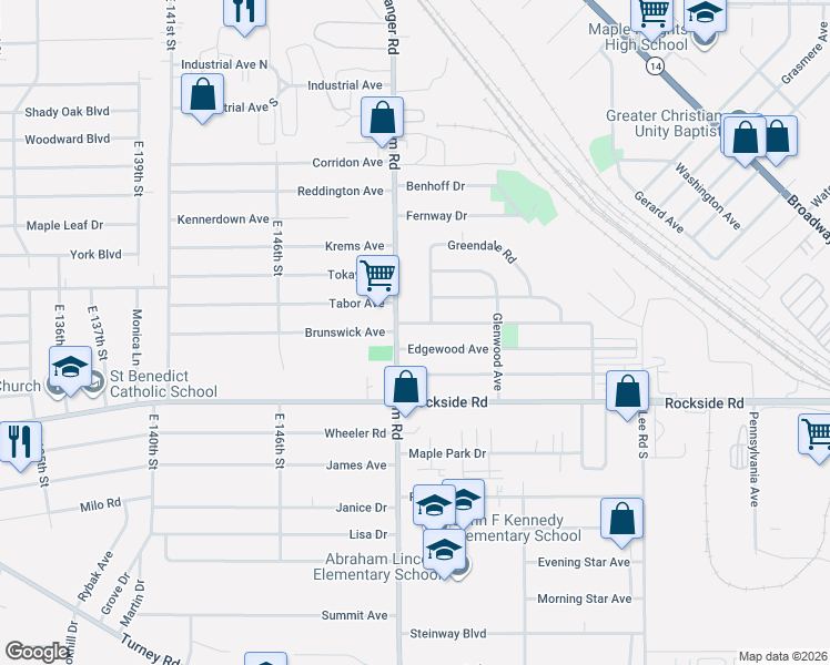map of restaurants, bars, coffee shops, grocery stores, and more near 15301 Northwood Avenue in Maple Heights