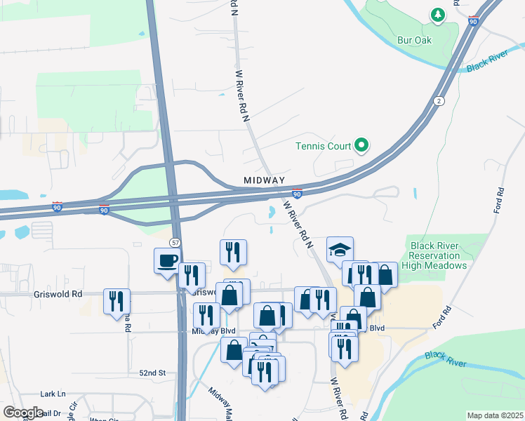 map of restaurants, bars, coffee shops, grocery stores, and more near 2306 West River Road North in Elyria