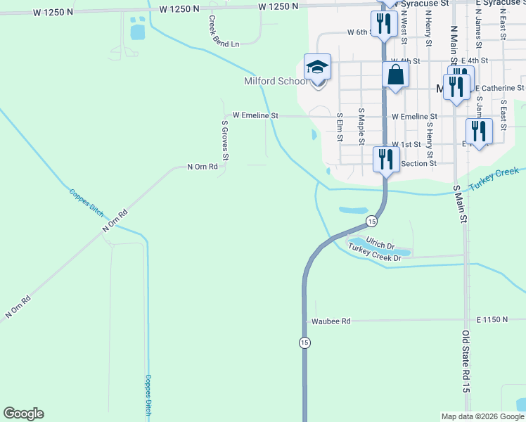 map of restaurants, bars, coffee shops, grocery stores, and more near in Milford