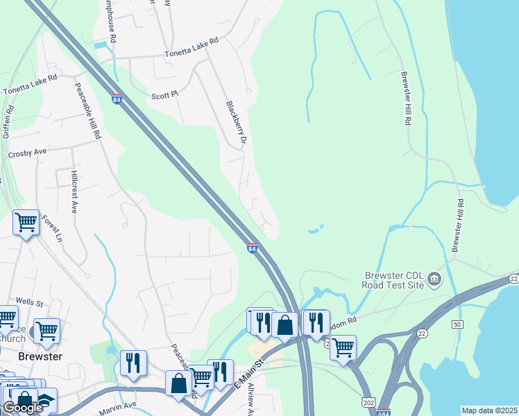 map of restaurants, bars, coffee shops, grocery stores, and more near 1501 Village Drive in Brewster