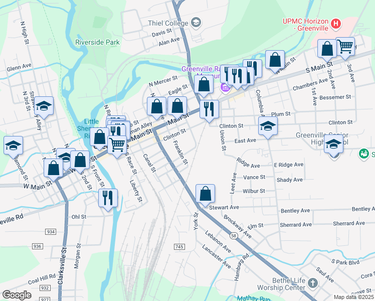 map of restaurants, bars, coffee shops, grocery stores, and more near 56 Harrison Street in Greenville