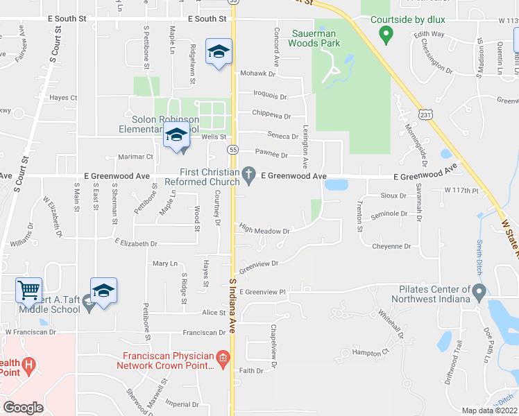 map of restaurants, bars, coffee shops, grocery stores, and more near 920 Cypress Point Drive in Crown Point