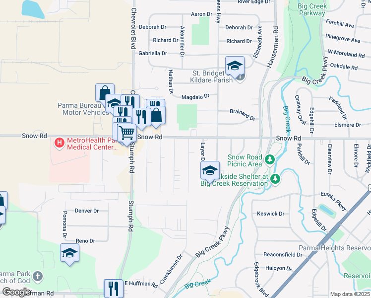 map of restaurants, bars, coffee shops, grocery stores, and more near 5826 Amrap Drive in Parma Heights