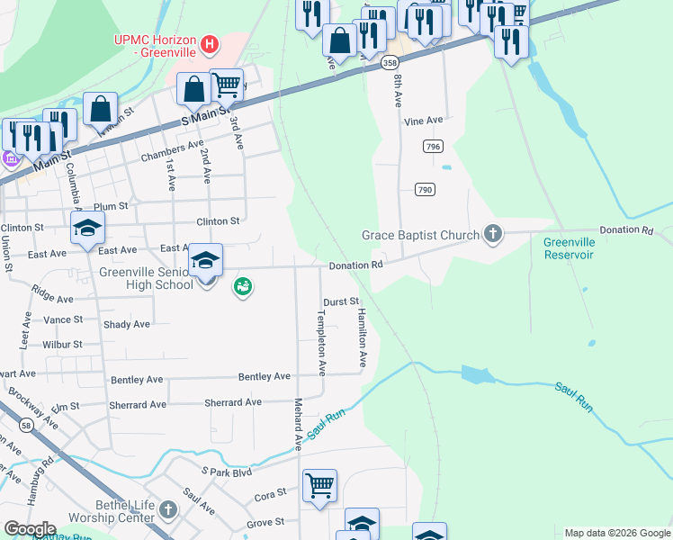 map of restaurants, bars, coffee shops, grocery stores, and more near 51 Donation Road in Greenville
