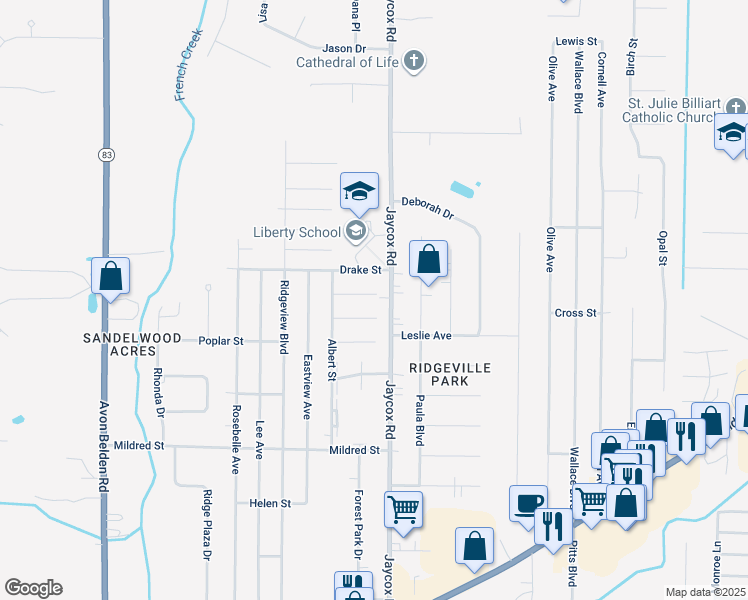 map of restaurants, bars, coffee shops, grocery stores, and more near 35105 Spruce Street in North Ridgeville