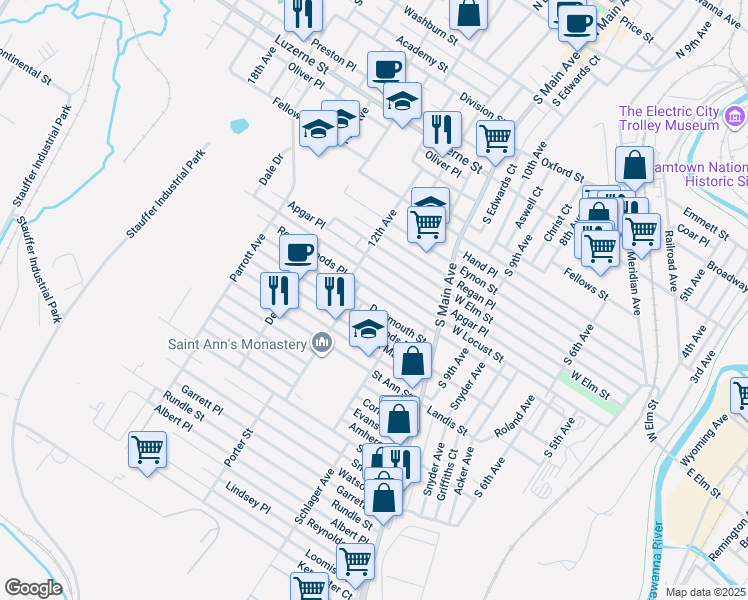 map of restaurants, bars, coffee shops, grocery stores, and more near 1131 West Locust Street in Scranton