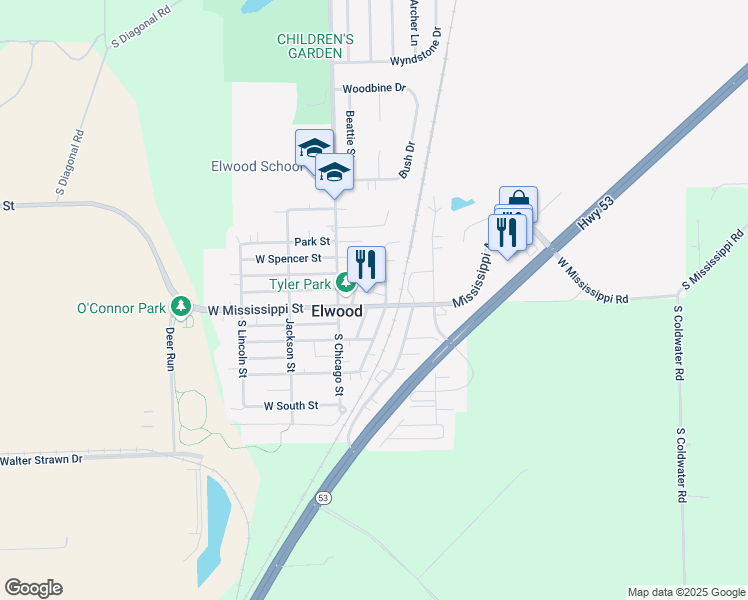 map of restaurants, bars, coffee shops, grocery stores, and more near 121 East Mississippi Avenue in Elwood